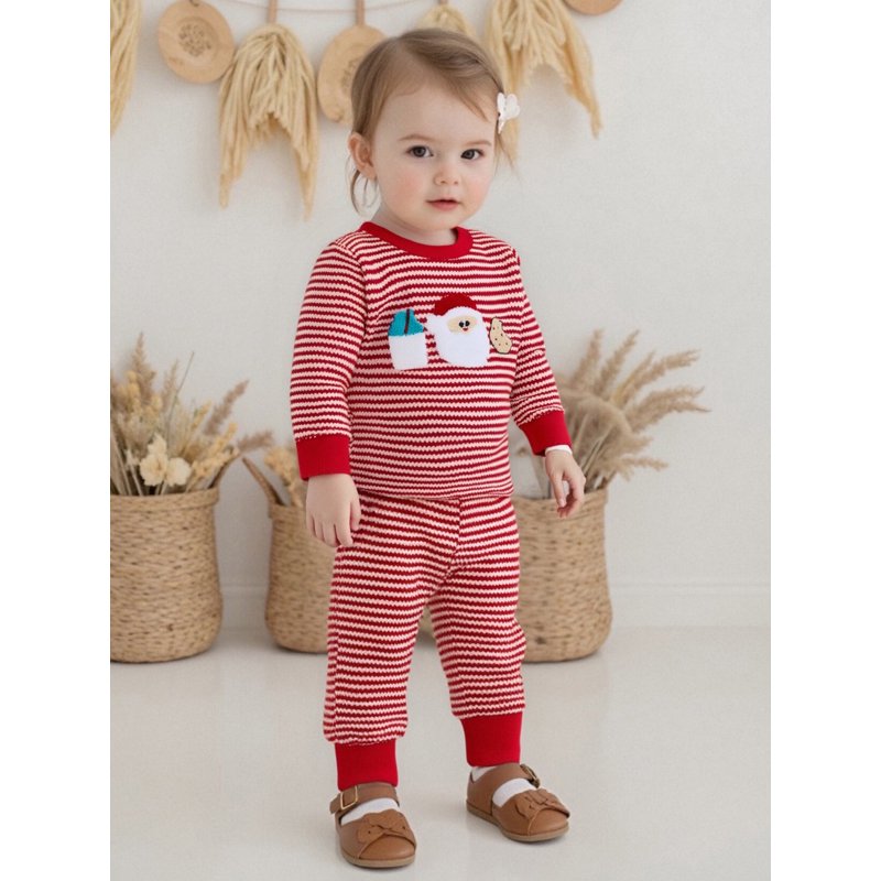 Toddler Boy Girl Christmas Outfit Set 2T Style 14 Santa Embroidery Striped Long Sleeve Pullover and Pants