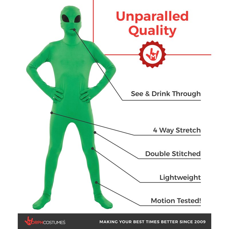 Kids Alien Morphsuit Costume - Small, Green, Glow-in-the-Dark Details, Fancy Dress for Halloween & Book Week