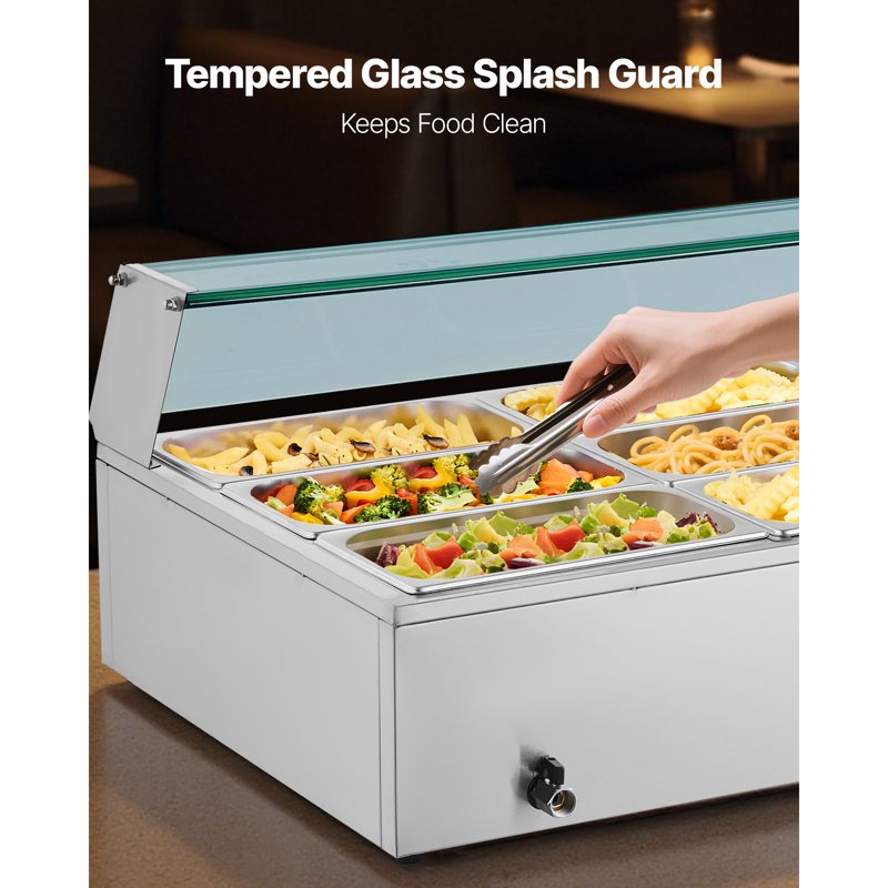 1700W Electric Food Warmer - Stainless Steel Steam Table with Glass Lid