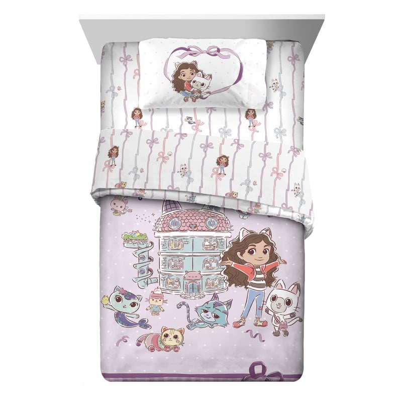 Kids Reversible Comforter Set - Gabby's Dollhouse Cat-Tabulous Purple, Full Bed in a Bag
