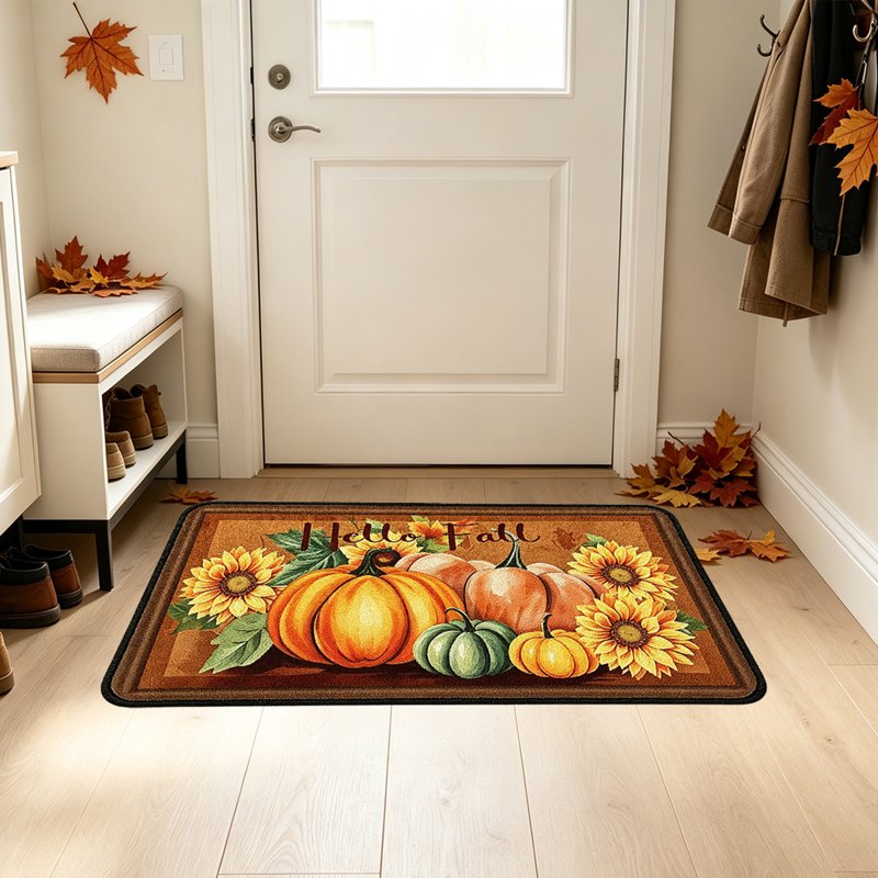 Thanksgiving Harvest Fall Doormat with Pumpkins & Sunflowers - Non-Slip Indoor Outdoor Entrance Decor - Variation Q