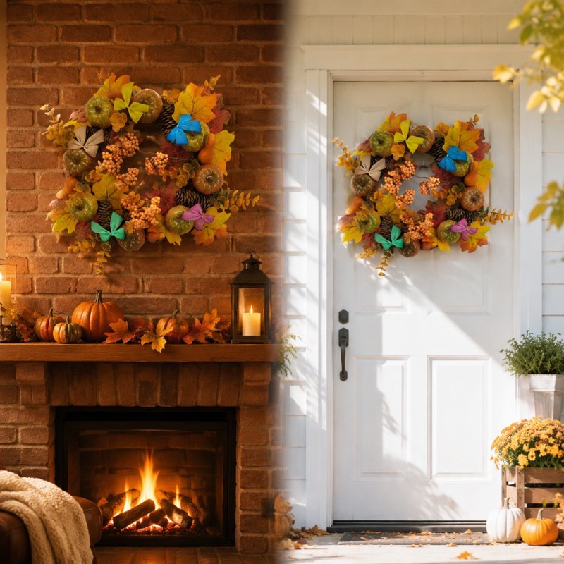 Fall Wreath for Front Door - Large Autumn Decor with Maple Leaves, Pinecones & Berries - B-9