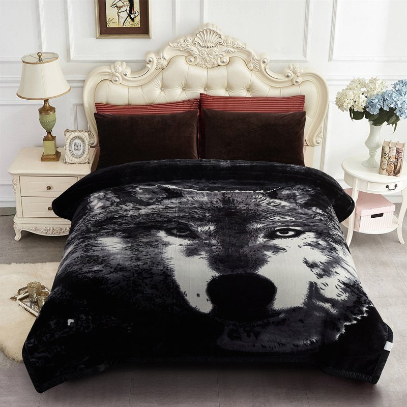 King Size Plush Wool Pattern Blanket - 2 Ply Thick Warm Bed Cover - Black & Brown Wolf Variation