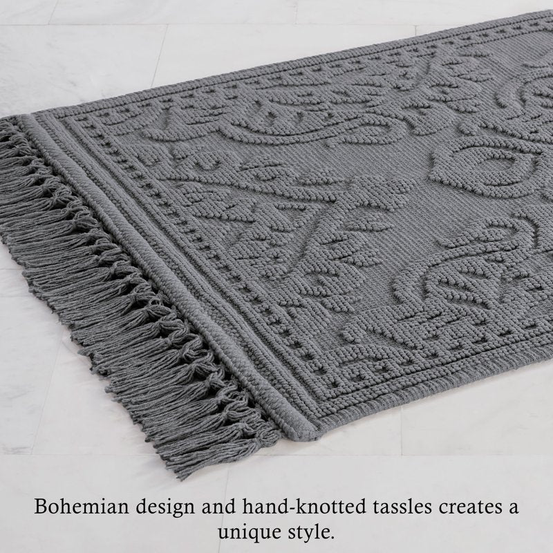 Cotton Fringe Bath Rug Set - Dark Gray 17 x 24 & 21 x 34 Inches - Bohemian Style, Soft & Absorbent