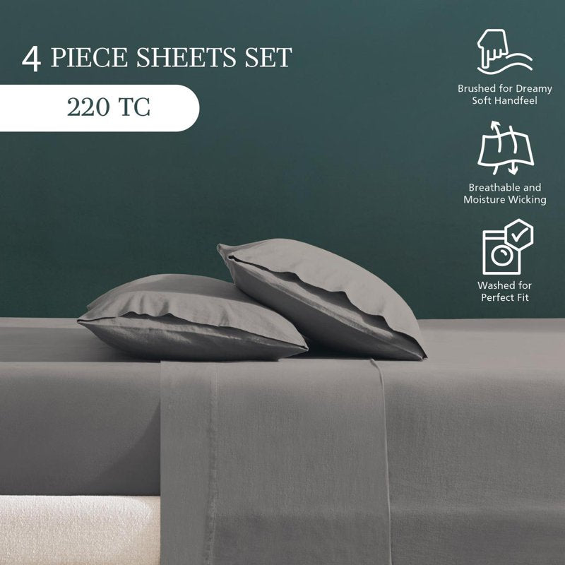 Twin Dreamy Soft Cotton Bed Sheet Set - 220 Thread Count Brushed Sateen, Deep Pocket, Soothing Grey