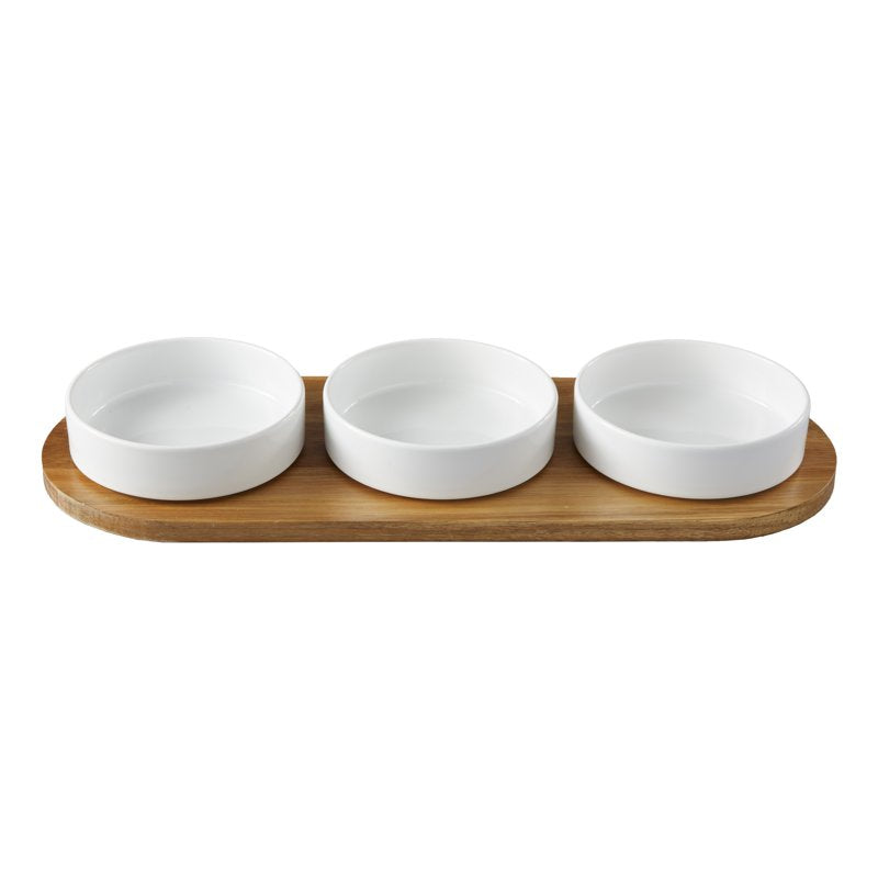 Acacia Wood Tray with Stoneware Bowls - 4 Pack for Condiments
