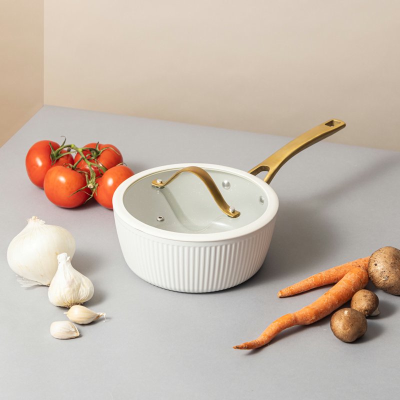 2.5 QT Non-Stick Ribbed Saucepan - White & Gold