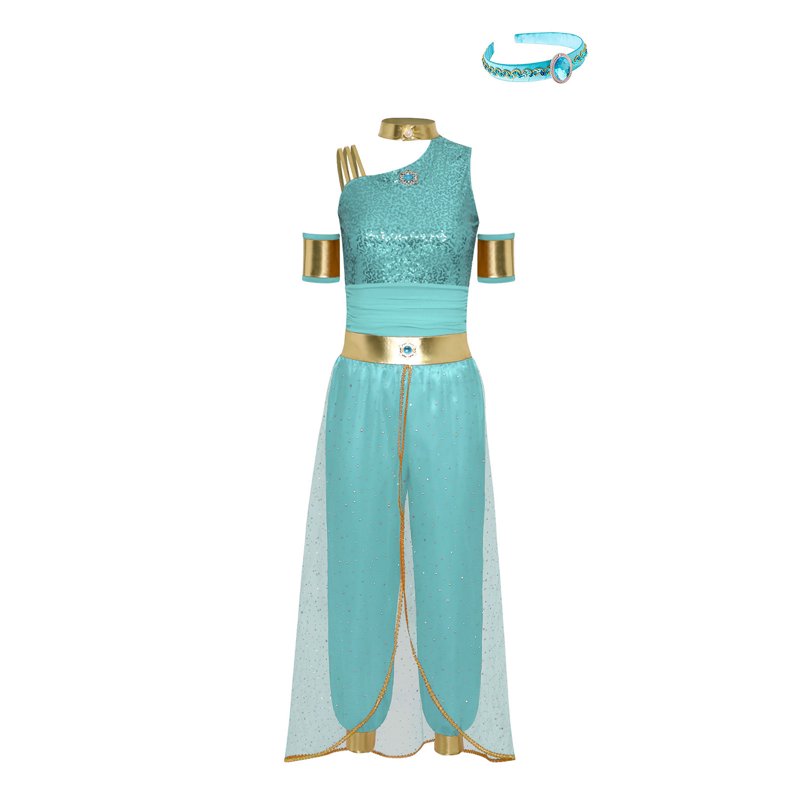 Women's Princess Cosplay Jumpsuit Belly Dance Costume with Headwear - Mint Green XXL