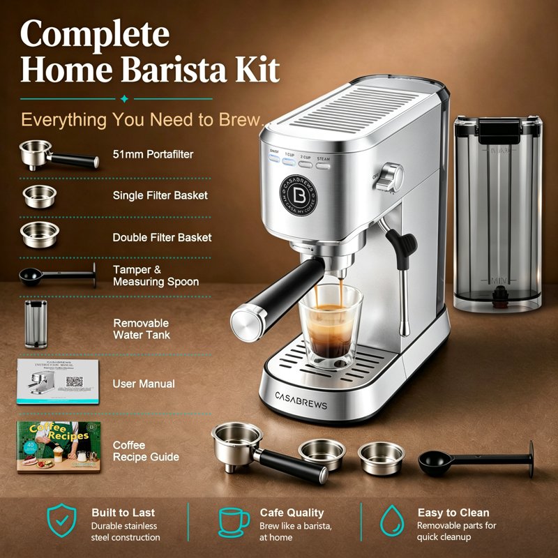 20-Bar Espresso Machine with Steam Wand - Compact Stainless Steel Coffee Maker