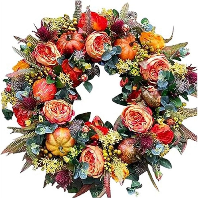 KOMI 2024 Fall Peony and Pumpkin Wreath for Front Door - Variation A