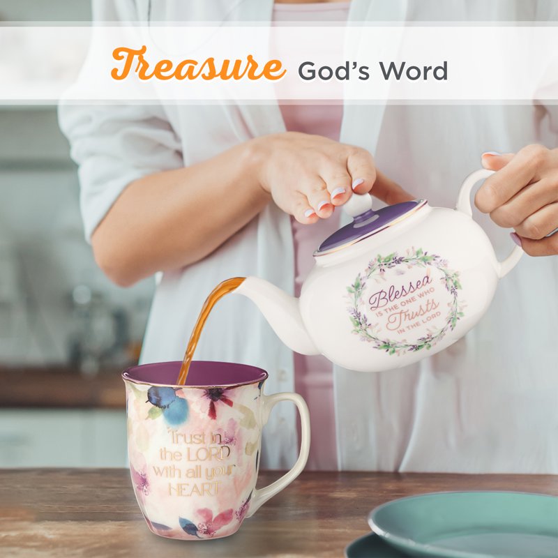 Inspirational Ceramic Teapot - Blessed Purple Floral, 34 oz