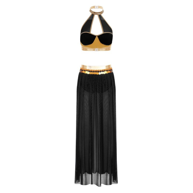 Belly Dance Costume Set with Sequin Tassel Crop Top and Mesh Skirt - Black M