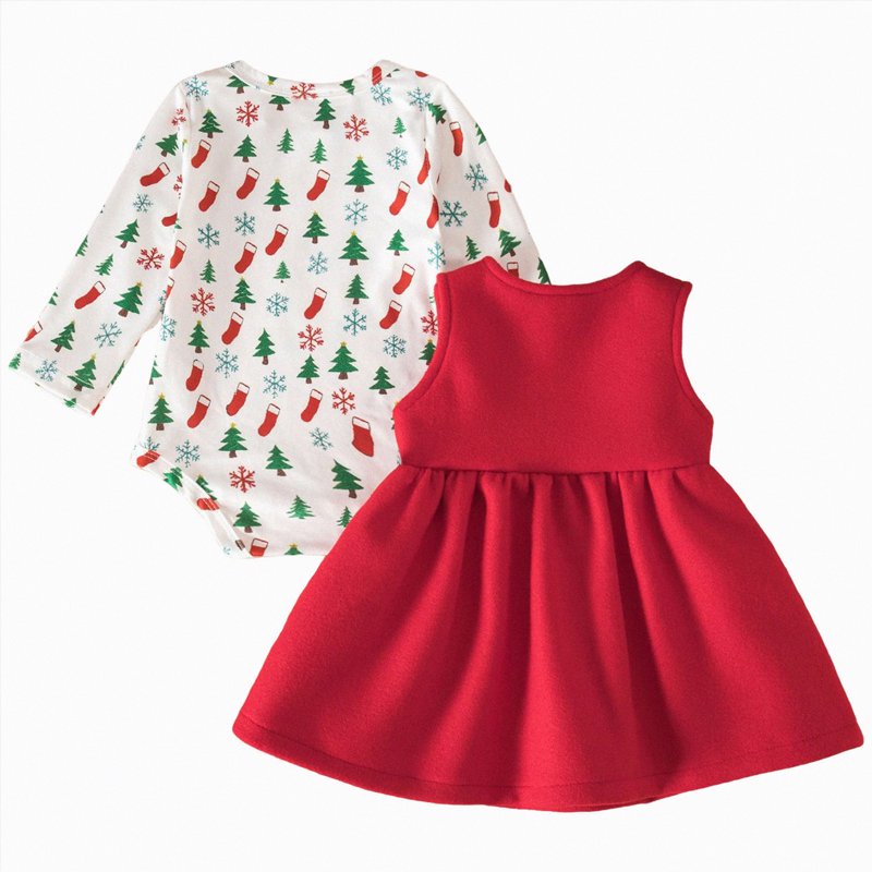 Baby Girl First Christmas Outfit Set - White Ruffle Romper & Suspender Dress 9-12 Months