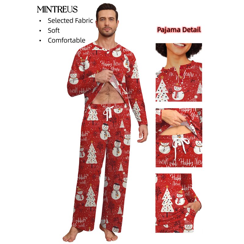Christmas Couple Pajama Set with Pockets - Red Snowman, Men L