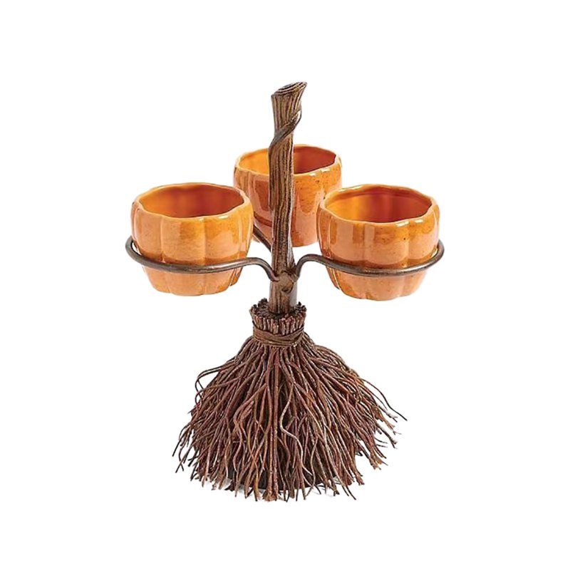 Halloween Candy Bowl Stand with Pumpkin Bowls & Broomstick Base - Variation #002