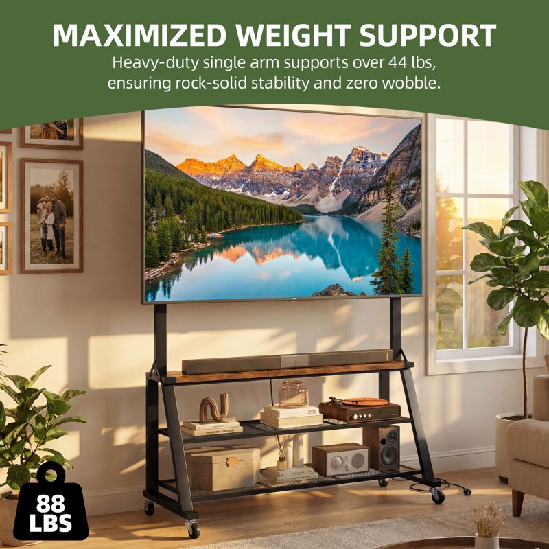 46" Rolling TV Stand with Lockable Wheels & Power Outlets - Mobile Cart for 32-75 Inch TVs