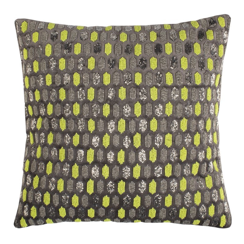Geometric Beaded Plush Throw Pillow - Green & Grey 20x20 Inches