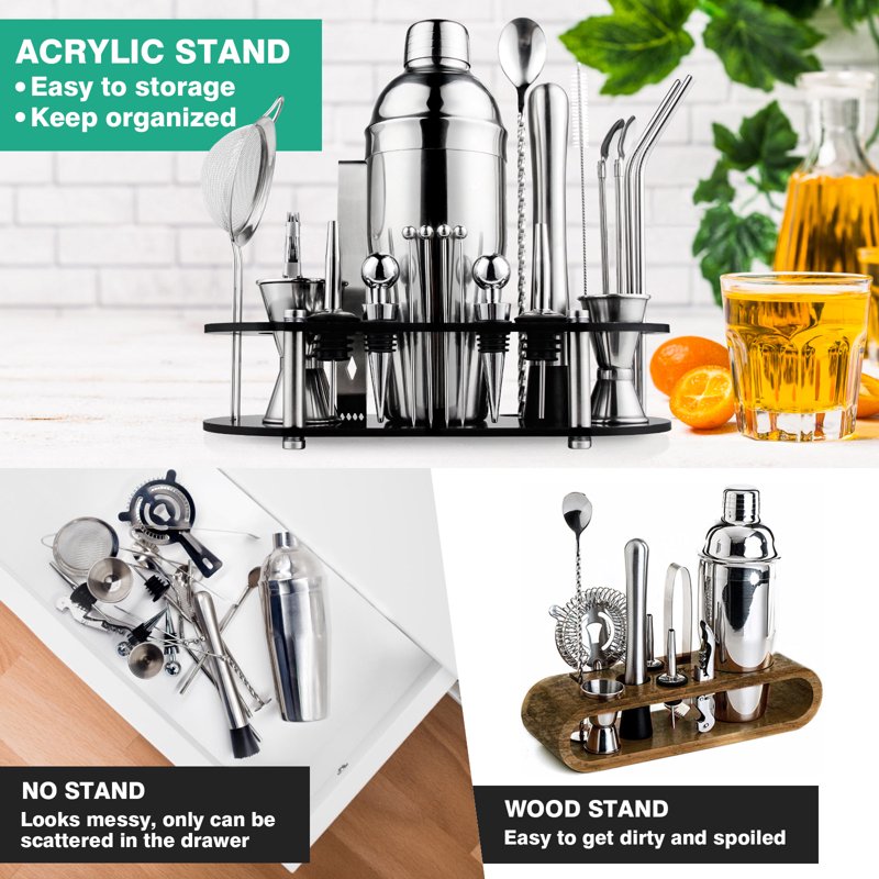 Silver 25-Piece Cocktail Shaker Set with Acrylic Stand - Bar Tools & Mixology Kit