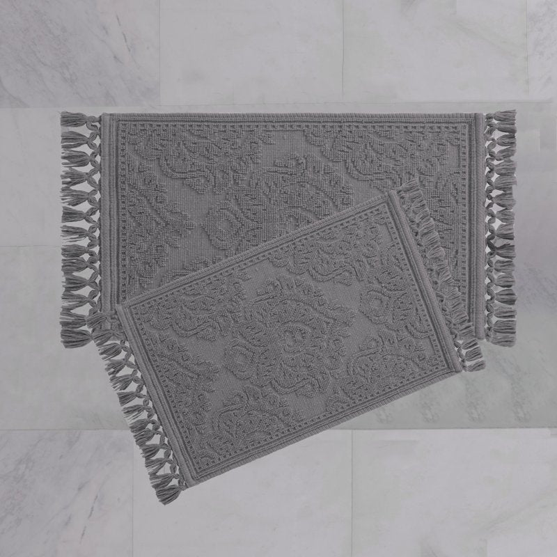 Cotton Fringe Bath Rug Set - Dark Gray 17 x 24 & 21 x 34 Inches - Bohemian Style, Soft & Absorbent