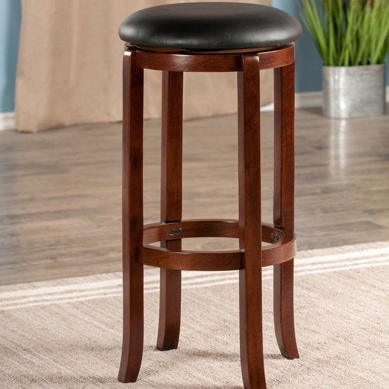 30-Inch Swivel Seat Bar Stool - Black Faux Leather & Walnut Frame