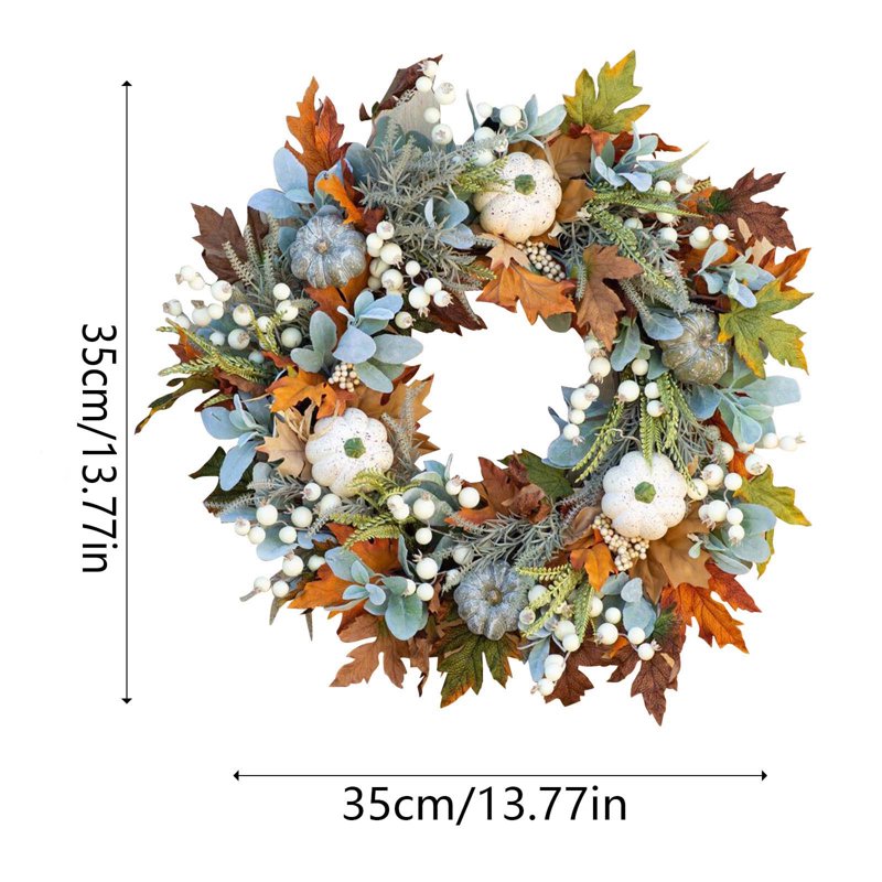 Halloween Fall Decor Wreath with Frosted Leaves Pumpkins and Berries - S Variation