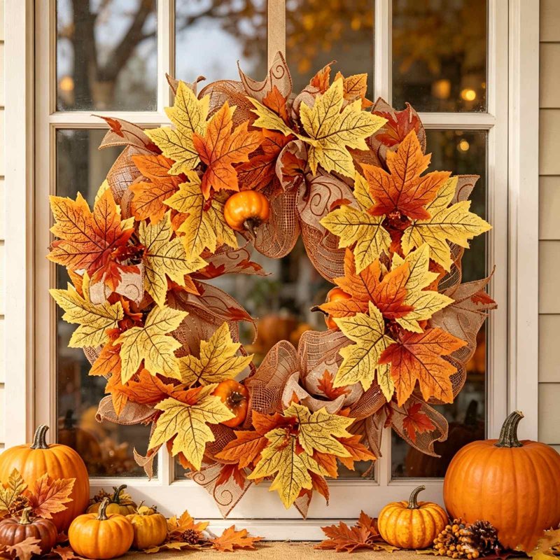 Fall Thanksgiving Pumpkin Maple Leaf Wreath Door Decor - Indoor Outdoor