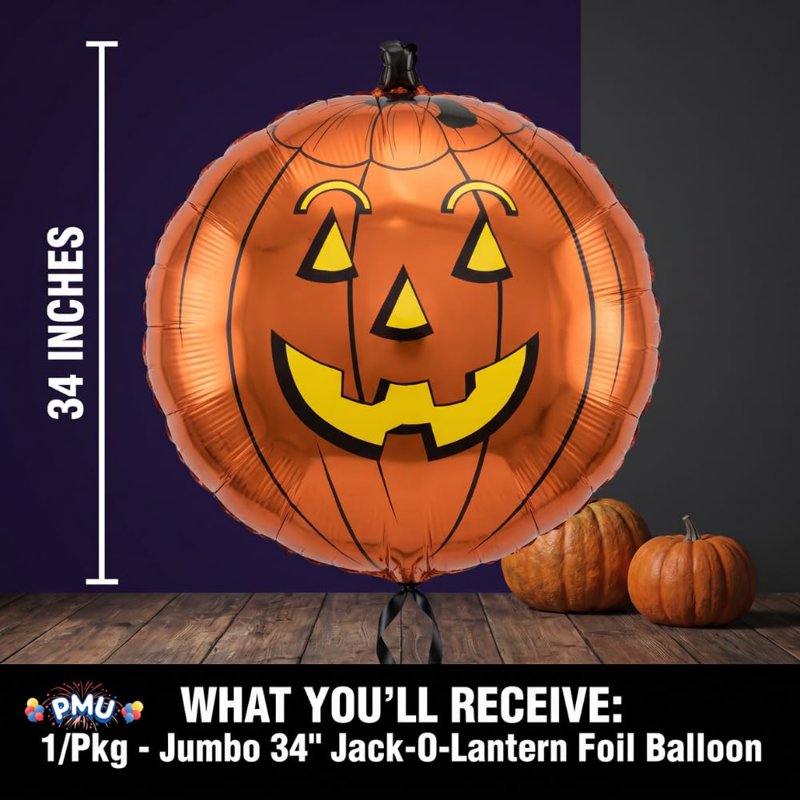 Halloween Jack-O-Lantern Mylar Balloon - 34 Inch Party Decoration - Pkg of 1 - Variation of Pkg of 1, Jack-o-Lantern