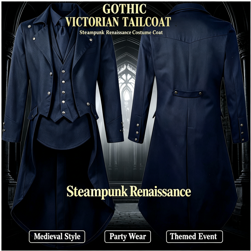 Men's Gothic Steampunk Tailcoat Costume - Dark Blue, Size L