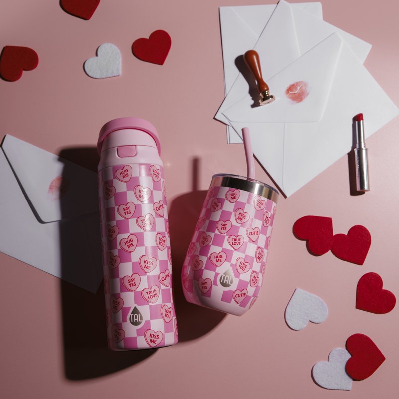 16oz Stainless Steel Wine Tumbler with Straw - Candy Hearts