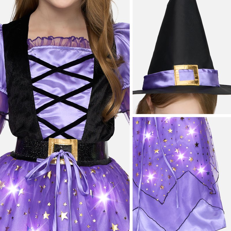 Purple Light-Up Witch Costume Set for Girls 10-12 Years Starry Dress with Broom & Hat