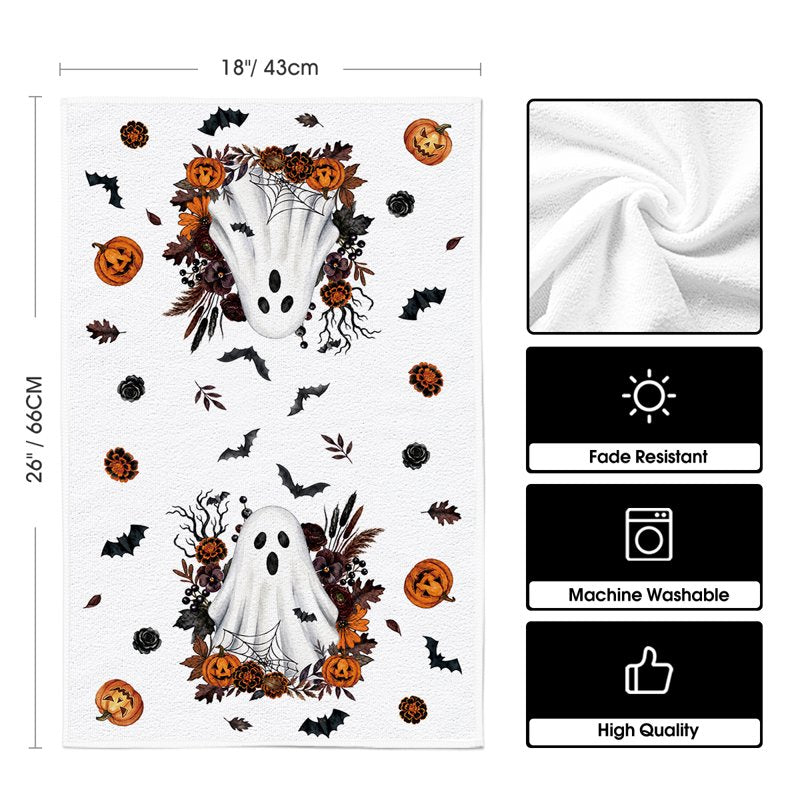 Halloween Dish Towels Set of 4 - Orange Pumpkin Ghost Bat Seasonal Kitchen Hand Towels 18x26 D