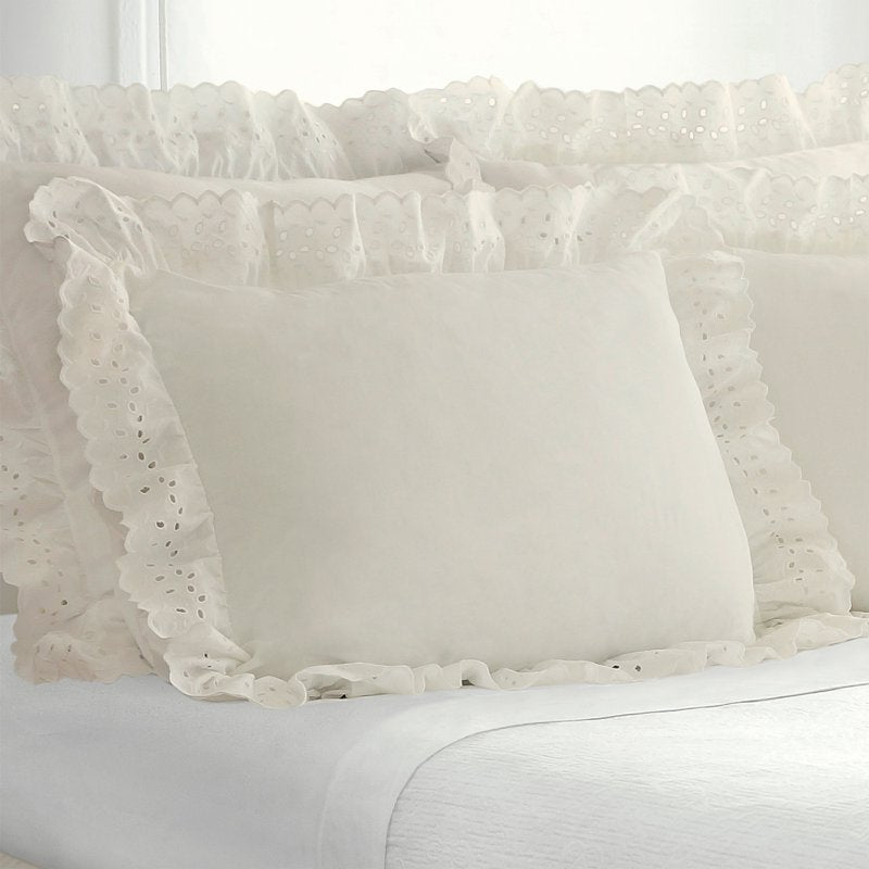 Ivory Ruffled Eyelet Bed Sham Set with Bed Skirt - Shabby Chic Bedding