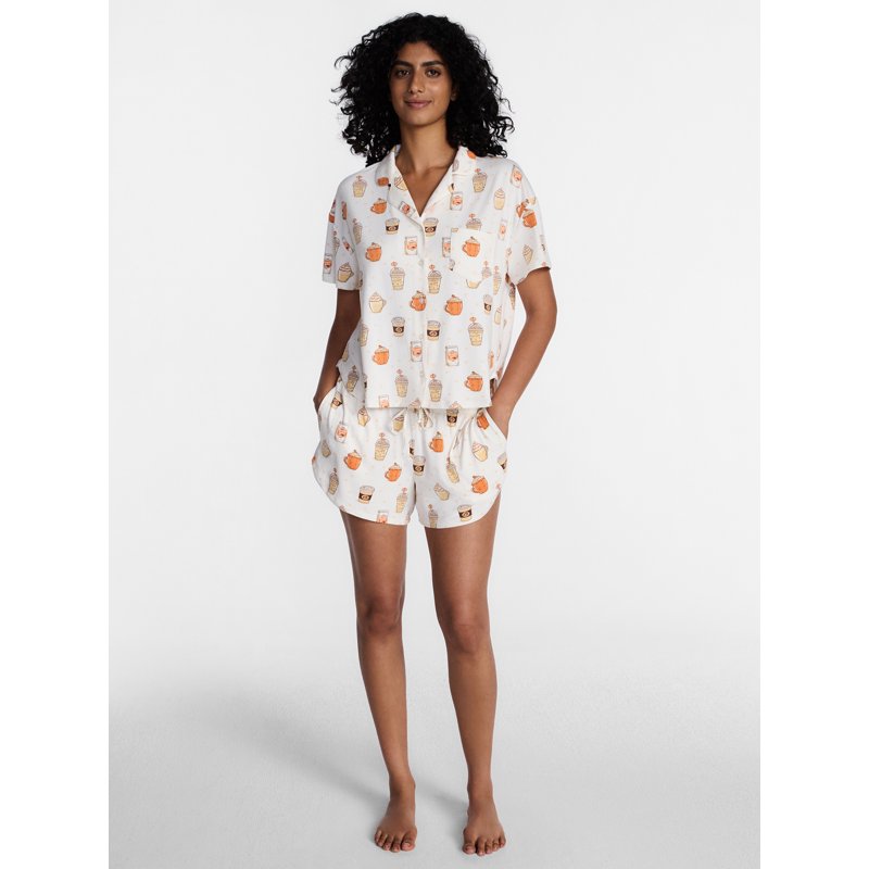 Women's Halloween Notched Top and Shorts Pajama Set - Winter White Coffee 3X