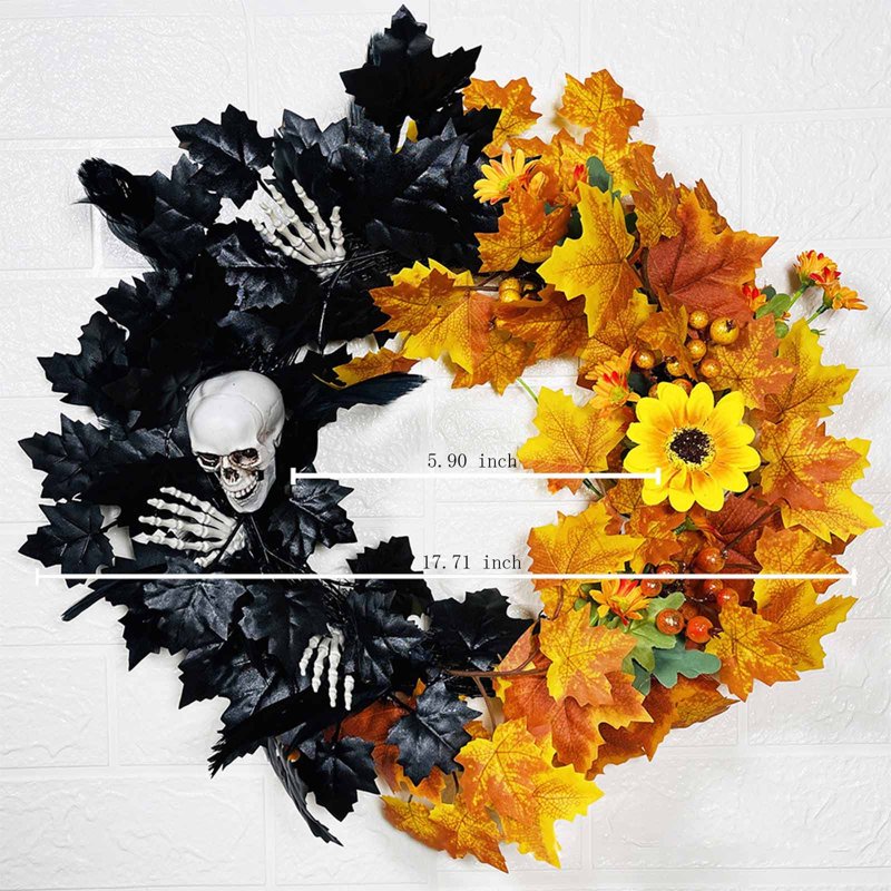 Halloween Wreaths for Front Door - Skeleton Maple Leaf Design - Variation B
