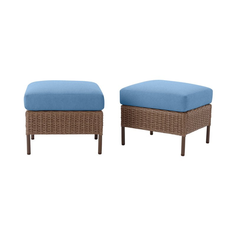 Outdoor Patio Ottoman Set - 2 Pieces with Blue Cushions