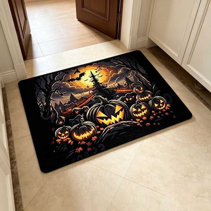 Halloween Theme Doormat - Creepy Night Scene Print, Non-Slip Absorbent Mat for Front Door - Variation D