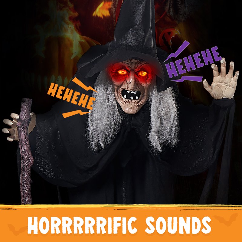 Outdoor Halloween Animatronic Witch with Sound & LED Eyes - Black Variation
