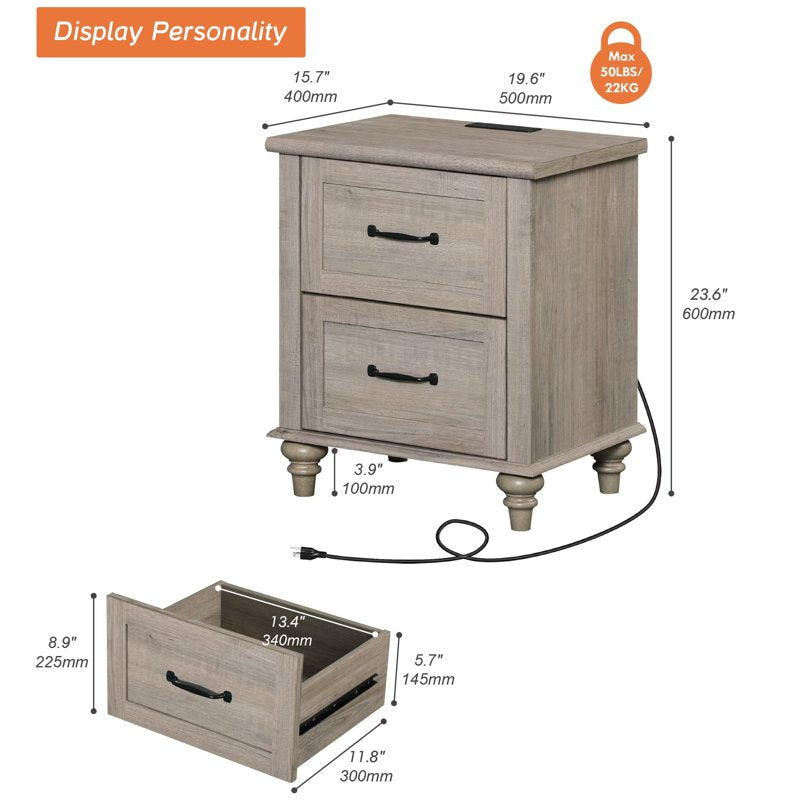 Grey Side Table with 2 Drawers and Charging Station