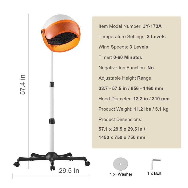 Adjustable Hooded Hair Dryer with Rolling Base - 1875W
