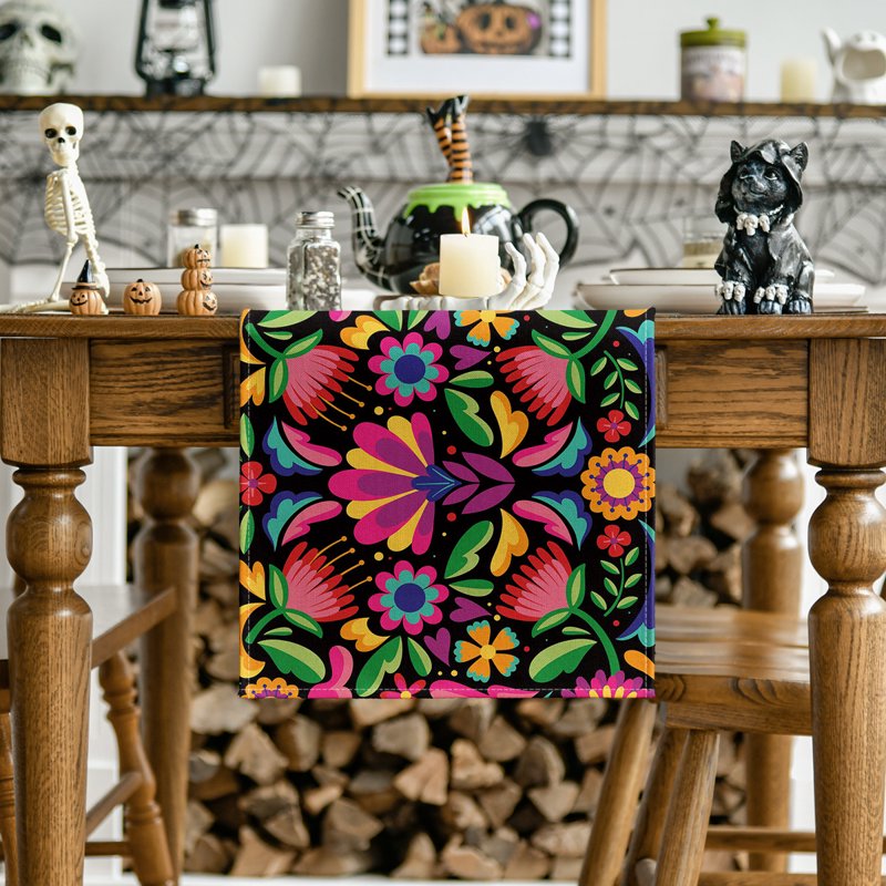 Black Floral Dia De Los Muertos Serape Table Runner 13x72 - Mexican Fiesta Decoration - Variation 1