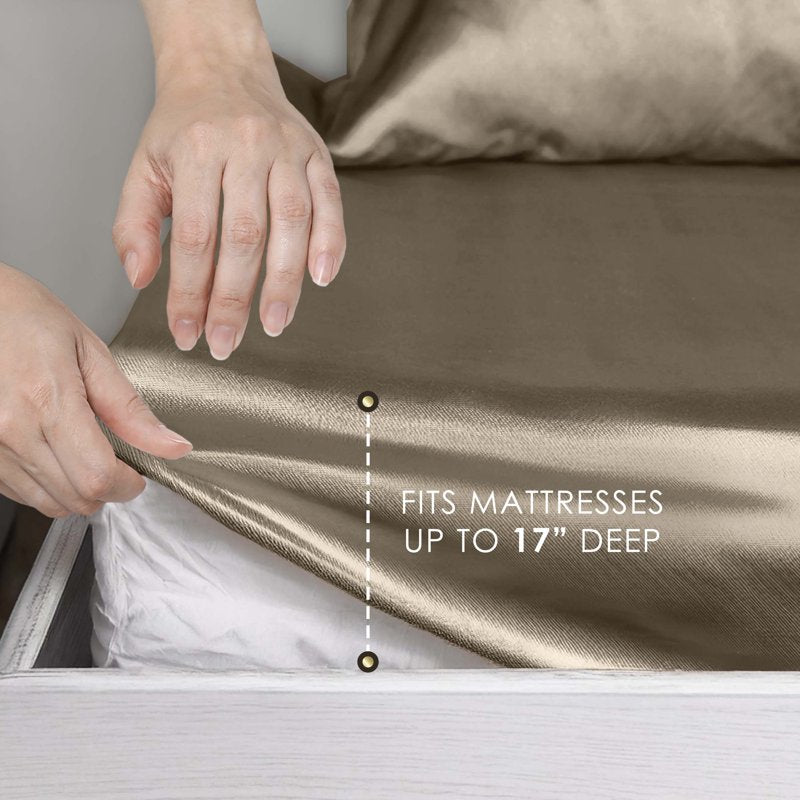 California King Satin Sheet Set - Champagne, Silky Smooth Bed Linen for Hair & Skin