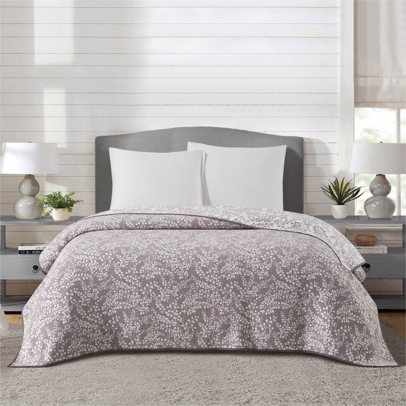 Full/Queen Botanical Floral Stitched Reversible Quilt Light Purple