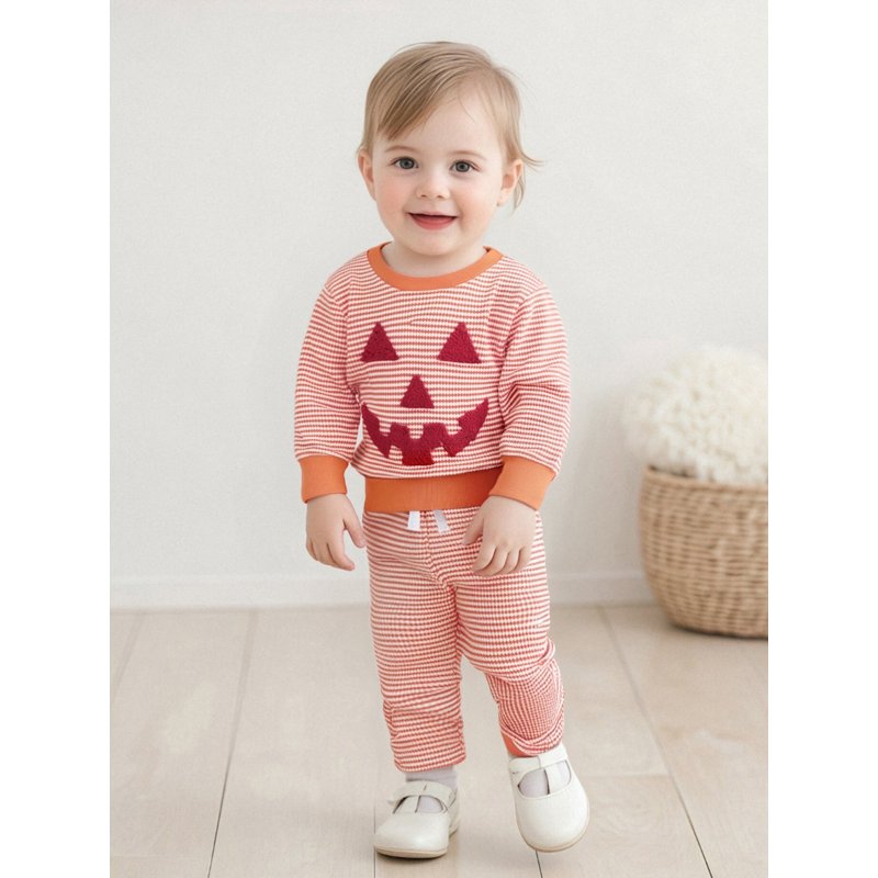 Toddler Boys Girls Halloween 2-Piece Pants Outfit Set - Pumpkin Embroidery & Striped Pants, Style 26, 2-3 Years