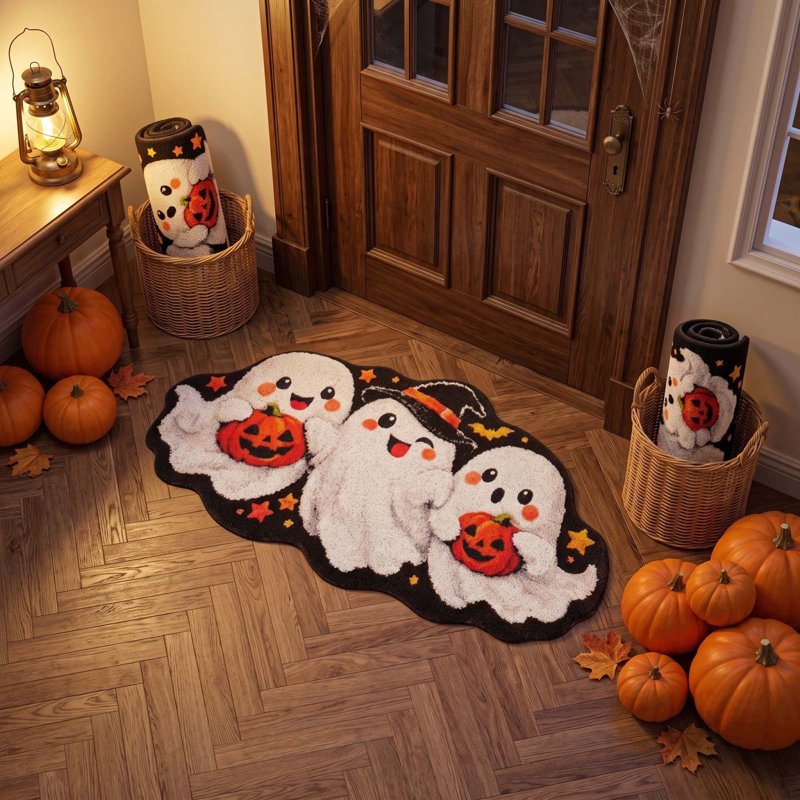 Halloween Door Mat Ghost and Pumpkin Trio Welcome Indoor Rug - 23.62x15.75in - Variation of 57_Ghost Pumpkin Bath Mat BE
