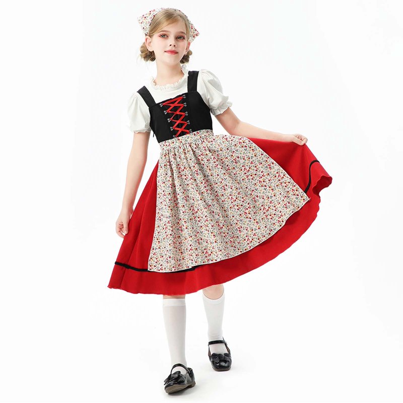 Girls Outfits Set French Farmhouse Style Dress - Toddler to Kids 3-12 Years, Red, Relaxed Fit