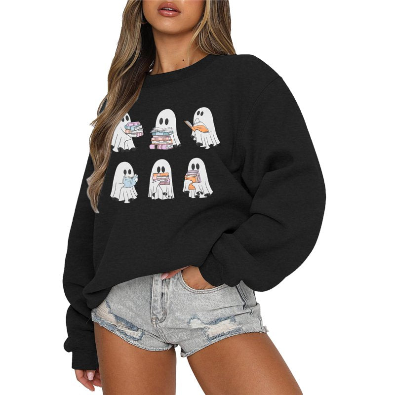 Dark Gray XL Halloween Ghost Reading Books Sweater for Women Cute Spooky Fall Pullover