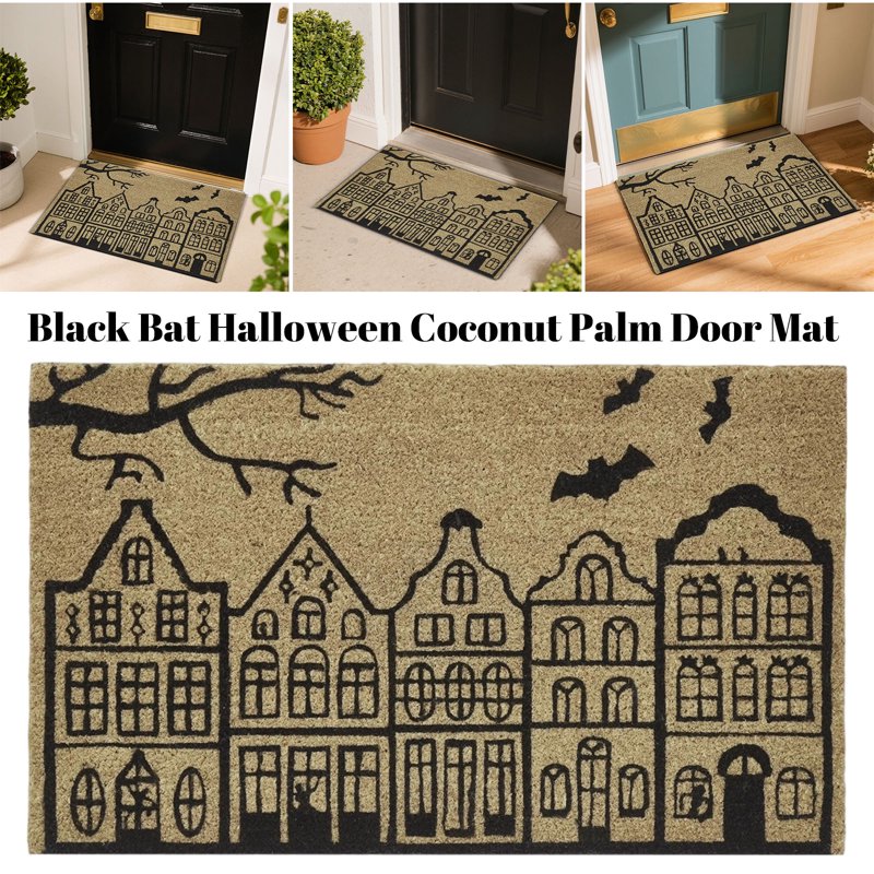 Halloween Haunted House Bat Coir Door Mat 48×30 Inch - Non-Slip Outdoor Rug with Spooky Town Design - Variation L