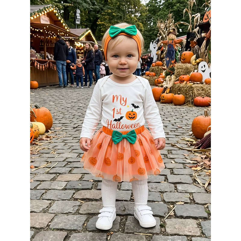 Baby Girl Halloween Outfit Set - Orange Romper, Tulle Skirt & Headband, 9-12 Months