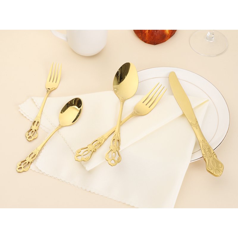 20-Piece Stainless Steel Floral Flatware Set - Gold
