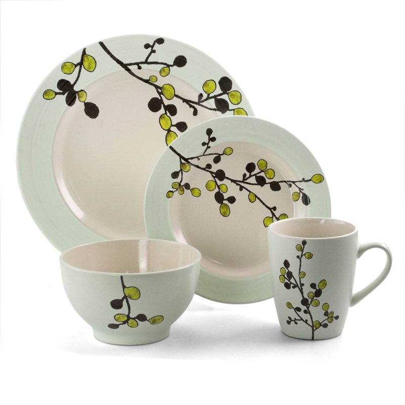 16-Piece Round Stoneware Dinnerware Set - Green & Olive